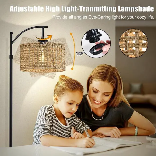 Alt view image 2 of 7 - Arc Floor Lamp for Living Room with Remote Control,Farmhouse Boho Floor Lamps with 3 Color Temperature,Rustic Standing Lamp with Rattan Wicker Shades,Adjustable Tall Lamp for Bedroom,Office,Reading