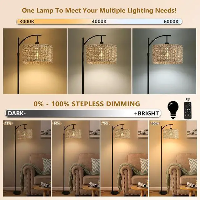 Alt view image 3 of 7 - Arc Floor Lamp for Living Room with Remote Control,Farmhouse Boho Floor Lamps with 3 Color Temperature,Rustic Standing Lamp with Rattan Wicker Shades,Adjustable Tall Lamp for Bedroom,Office,Reading