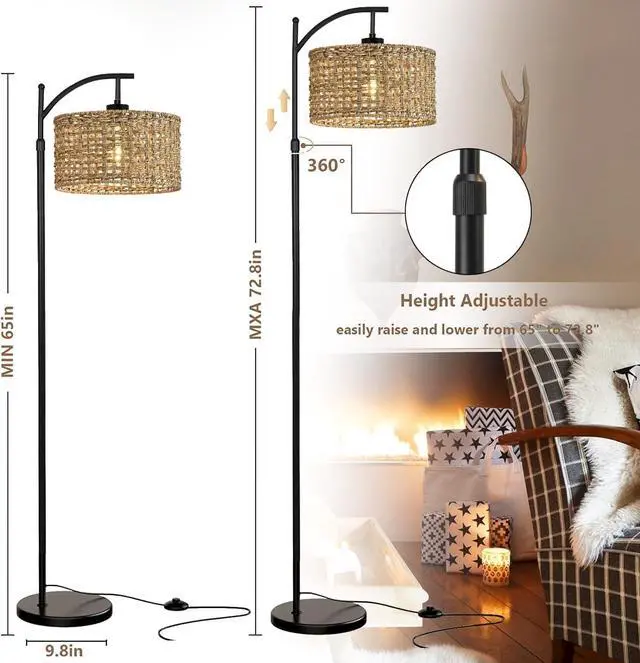 Alt view image 4 of 7 - Arc Floor Lamp for Living Room with Remote Control,Farmhouse Boho Floor Lamps with 3 Color Temperature,Rustic Standing Lamp with Rattan Wicker Shades,Adjustable Tall Lamp for Bedroom,Office,Reading