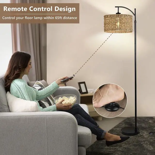 Alt view image 5 of 7 - Arc Floor Lamp for Living Room with Remote Control,Farmhouse Boho Floor Lamps with 3 Color Temperature,Rustic Standing Lamp with Rattan Wicker Shades,Adjustable Tall Lamp for Bedroom,Office,Reading