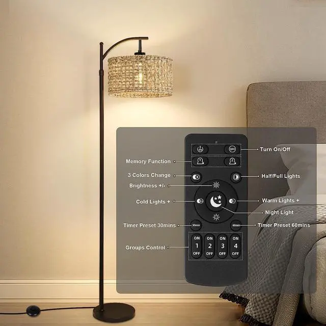 Alt view image 6 of 7 - Arc Floor Lamp for Living Room with Remote Control,Farmhouse Boho Floor Lamps with 3 Color Temperature,Rustic Standing Lamp with Rattan Wicker Shades,Adjustable Tall Lamp for Bedroom,Office,Reading