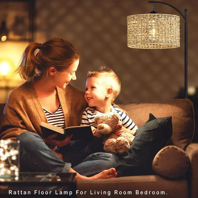 Alt view image 7 of 7 - Arc Floor Lamp for Living Room with Remote Control,Farmhouse Boho Floor Lamps with 3 Color Temperature,Rustic Standing Lamp with Rattan Wicker Shades,Adjustable Tall Lamp for Bedroom,Office,Reading