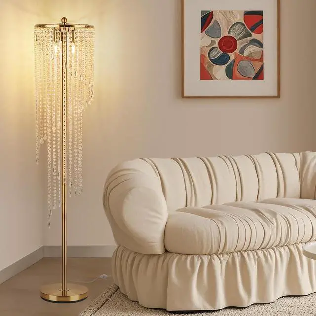 Main image of QiMH Gold Floor Lamps for Living Room, 63" Tall Lamp for Corner, Modern Floor Lamp with Double-Layer Crystal Lamp Shade, Standing Lamp for Bedroom, Office, Reading (2700K LED Bulbs Included)