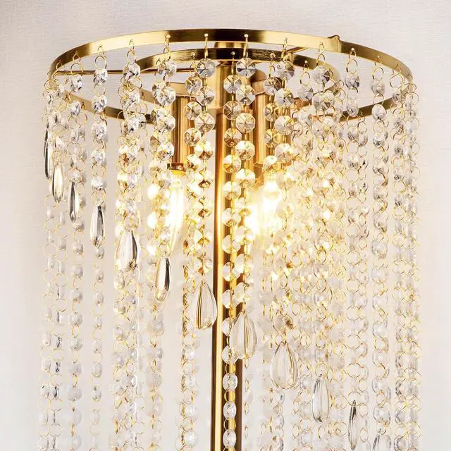 Alt view image 2 of 6 - QiMH Gold Floor Lamps for Living Room, 63" Tall Lamp for Corner, Modern Floor Lamp with Double-Layer Crystal Lamp Shade, Standing Lamp for Bedroom, Office, Reading (2700K LED Bulbs Included)