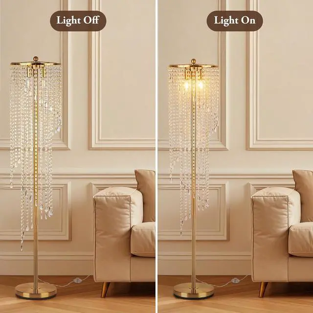 Alt view image 4 of 6 - QiMH Gold Floor Lamps for Living Room, 63" Tall Lamp for Corner, Modern Floor Lamp with Double-Layer Crystal Lamp Shade, Standing Lamp for Bedroom, Office, Reading (2700K LED Bulbs Included)