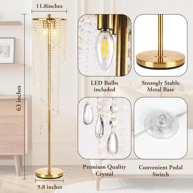 Alt view image 5 of 6 - QiMH Gold Floor Lamps for Living Room, 63" Tall Lamp for Corner, Modern Floor Lamp with Double-Layer Crystal Lamp Shade, Standing Lamp for Bedroom, Office, Reading (2700K LED Bulbs Included)
