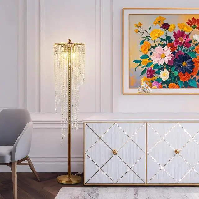 Alt view image 6 of 6 - QiMH Gold Floor Lamps for Living Room, 63" Tall Lamp for Corner, Modern Floor Lamp with Double-Layer Crystal Lamp Shade, Standing Lamp for Bedroom, Office, Reading (2700K LED Bulbs Included)