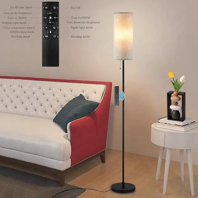 Alt view image 4 of 7 - Floor Lamp for Living Room, Modern Standing Lamps with Lampshade, Minimalist Tall Lamp with Chain Switch for Living Room, LED Bulb Included (Beige Shade-Remote Bulb)