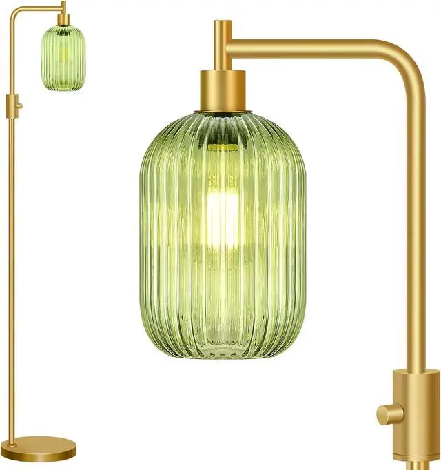Main image of Upgraded Dimmable Glass Floor Lamp for Living Room, Modern Gold Standing Lamp with Green Ribbed Glass Lampshade & Knob Dimmer, Arc Tall Lamp for Bedroom Office Reading Room, 2700K Led Bulb Included