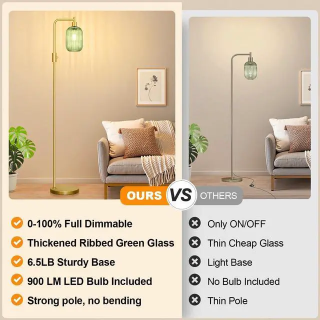 Alt view image 2 of 7 - Upgraded Dimmable Glass Floor Lamp for Living Room, Modern Gold Standing Lamp with Green Ribbed Glass Lampshade & Knob Dimmer, Arc Tall Lamp for Bedroom Office Reading Room, 2700K Led Bulb Included