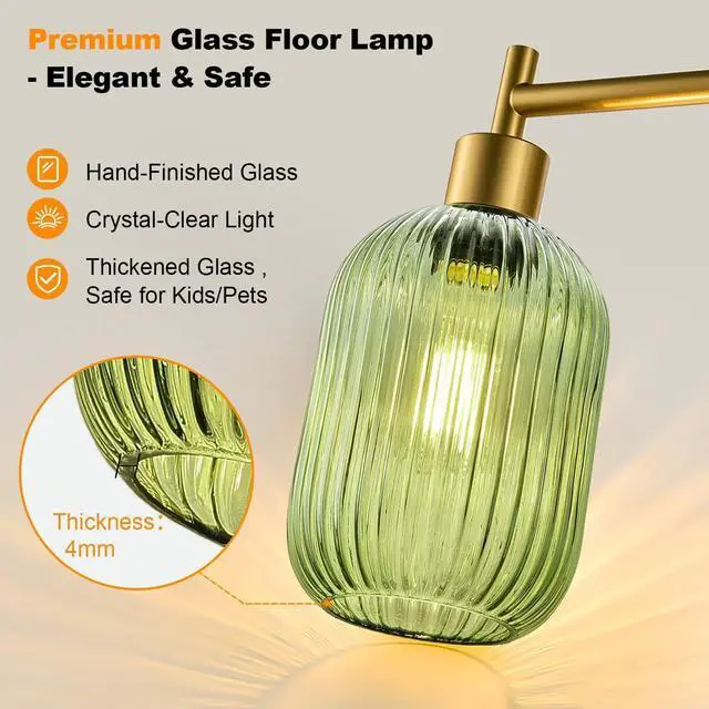 Alt view image 3 of 7 - Upgraded Dimmable Glass Floor Lamp for Living Room, Modern Gold Standing Lamp with Green Ribbed Glass Lampshade & Knob Dimmer, Arc Tall Lamp for Bedroom Office Reading Room, 2700K Led Bulb Included