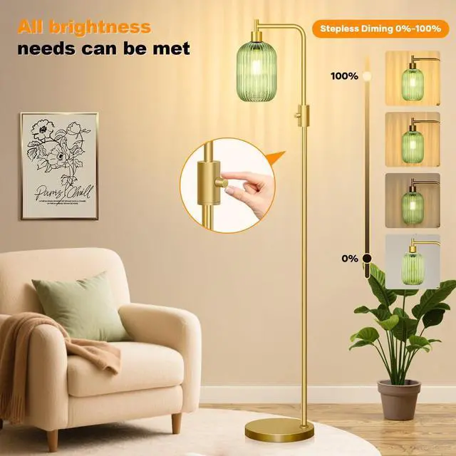 Alt view image 4 of 7 - Upgraded Dimmable Glass Floor Lamp for Living Room, Modern Gold Standing Lamp with Green Ribbed Glass Lampshade & Knob Dimmer, Arc Tall Lamp for Bedroom Office Reading Room, 2700K Led Bulb Included