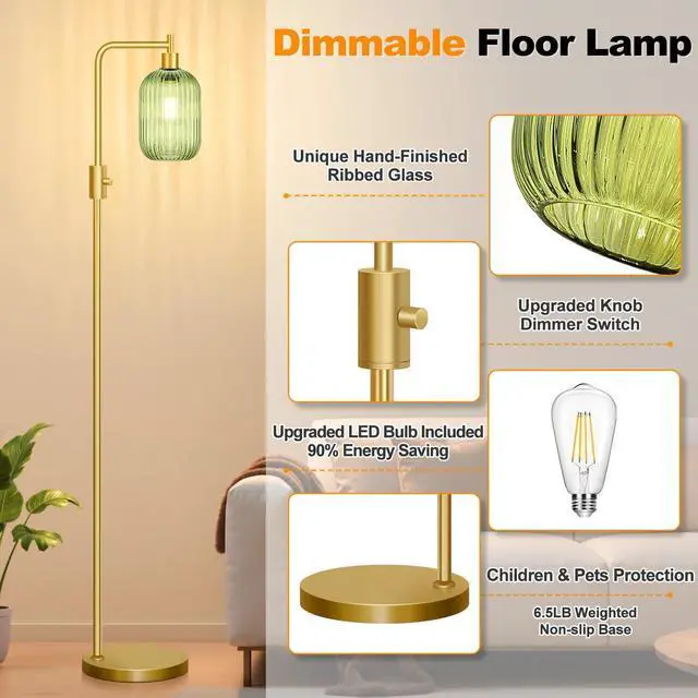 Alt view image 5 of 7 - Upgraded Dimmable Glass Floor Lamp for Living Room, Modern Gold Standing Lamp with Green Ribbed Glass Lampshade & Knob Dimmer, Arc Tall Lamp for Bedroom Office Reading Room, 2700K Led Bulb Included