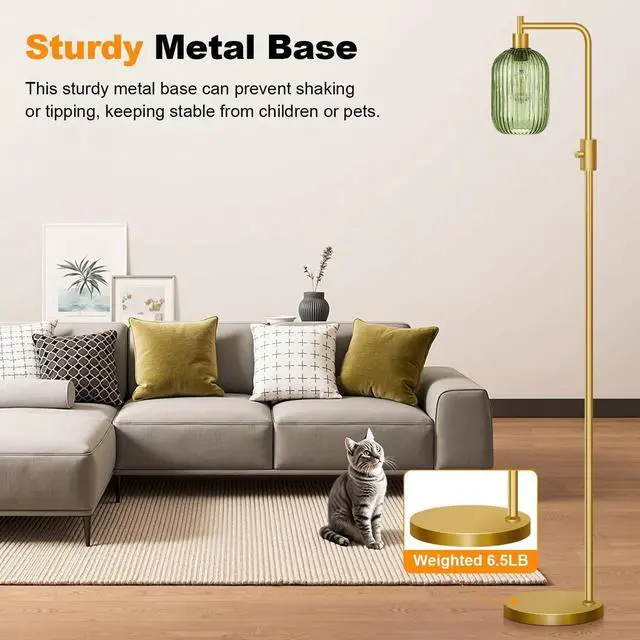 Alt view image 7 of 7 - Upgraded Dimmable Glass Floor Lamp for Living Room, Modern Gold Standing Lamp with Green Ribbed Glass Lampshade & Knob Dimmer, Arc Tall Lamp for Bedroom Office Reading Room, 2700K Led Bulb Included