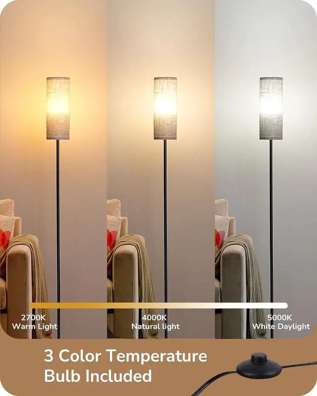 Alt view image 3 of 7 - EDISHINE Floor Lamps for Living Room, 63.7in Minimalist Standing Lamp with 9W LED Bulb, 3 Color Temperature, Modern Corner Lamp for Bedroom, Nursery, Office, Foot Pedal Switch, Black