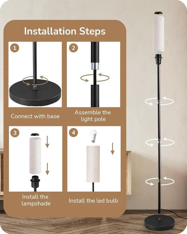 Alt view image 7 of 7 - EDISHINE Floor Lamps for Living Room, 63.7in Minimalist Standing Lamp with 9W LED Bulb, 3 Color Temperature, Modern Corner Lamp for Bedroom, Nursery, Office, Foot Pedal Switch, Black