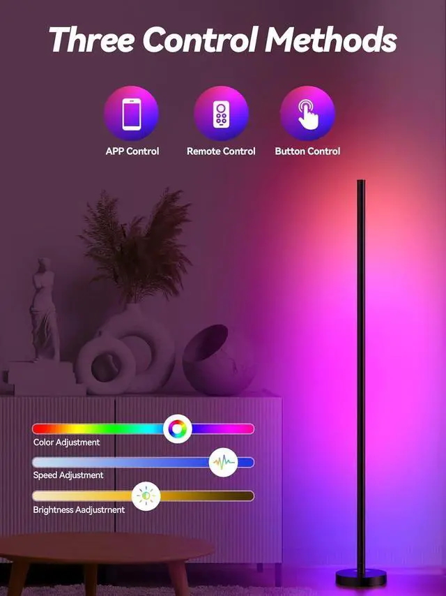 Alt view image 3 of 7 - Corner Floor Lamp, LED Corner Lamp with App and Remote Control, RGBICW 16 Million DIY Colors & 68+ Scene, Music Sync, Color Changing Smart Ambient Light for Living Rooms, Bedrooms, and Gaming Rooms