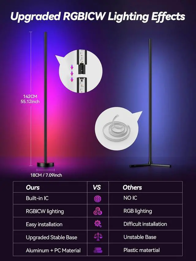 Alt view image 4 of 7 - Corner Floor Lamp, LED Corner Lamp with App and Remote Control, RGBICW 16 Million DIY Colors & 68+ Scene, Music Sync, Color Changing Smart Ambient Light for Living Rooms, Bedrooms, and Gaming Rooms