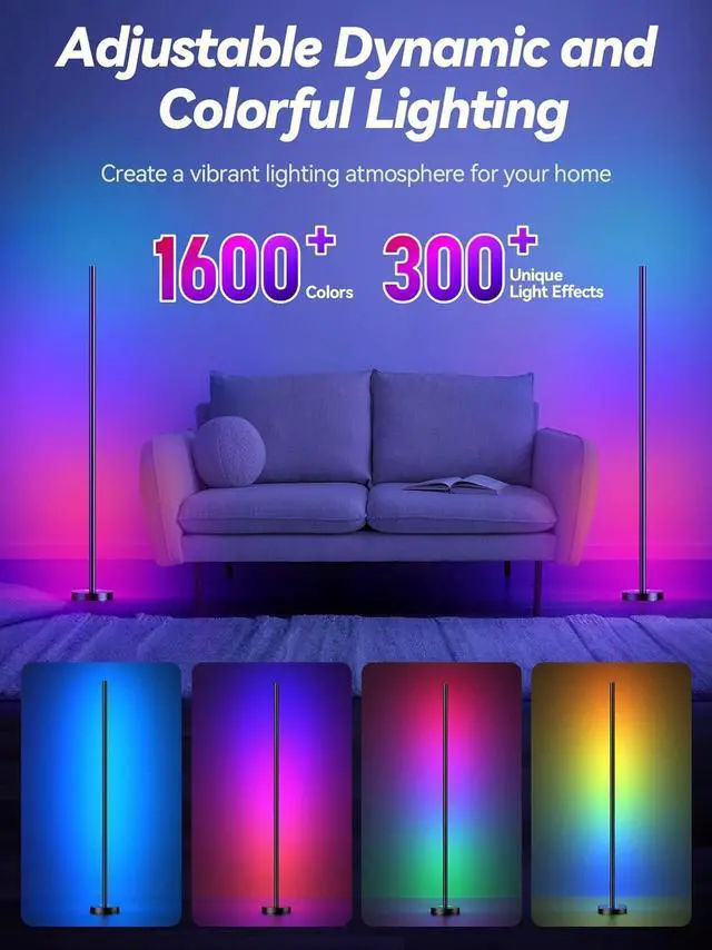 Alt view image 2 of 7 - Corner Floor Lamp, LED Corner Lamp with App and Remote Control, RGBICW 16 Million DIY Colors & 68+ Scene, Music Sync, Color Changing Smart Ambient Light for Living Rooms, Bedrooms, and Gaming Rooms