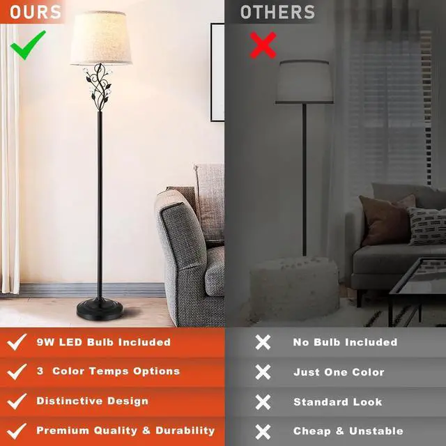 Alt view image 2 of 7 - Sheeta 65 Floor Lamps for Living Room with 3 Color Temperatures LED Bulb, Standing Lamp Tall Farmhouse Floor Lamp with Rustic Leaf Design, Tall Lamps for Living Room Bedroom Office Reading, Black