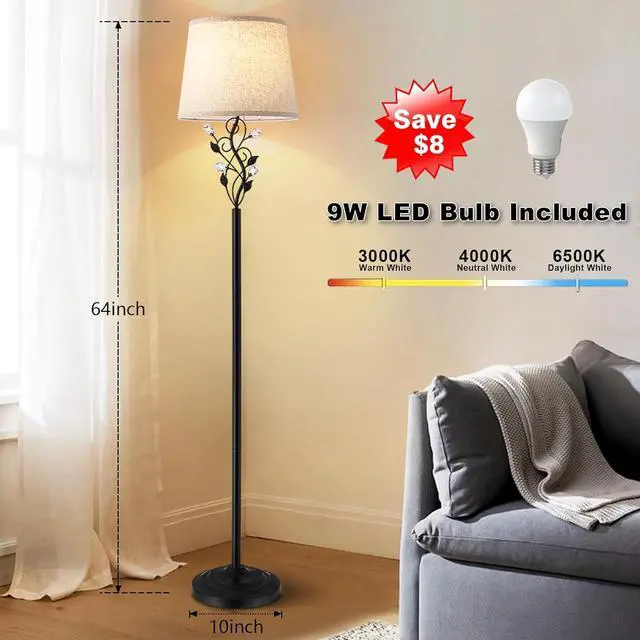 Alt view image 3 of 7 - Sheeta 65 Floor Lamps for Living Room with 3 Color Temperatures LED Bulb, Standing Lamp Tall Farmhouse Floor Lamp with Rustic Leaf Design, Tall Lamps for Living Room Bedroom Office Reading, Black