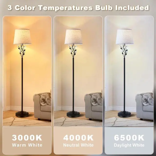 Alt view image 4 of 7 - Sheeta 65 Floor Lamps for Living Room with 3 Color Temperatures LED Bulb, Standing Lamp Tall Farmhouse Floor Lamp with Rustic Leaf Design, Tall Lamps for Living Room Bedroom Office Reading, Black