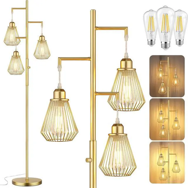 Main image of QiMH Industrial Floor Lamps for Living Room, Tree Standing Lamp with Stepless Dimmable, 68" Modern Tall Lamps for Bedroom Study Home Office, Rotary Switch, 3 LED Bulb Included, Gold