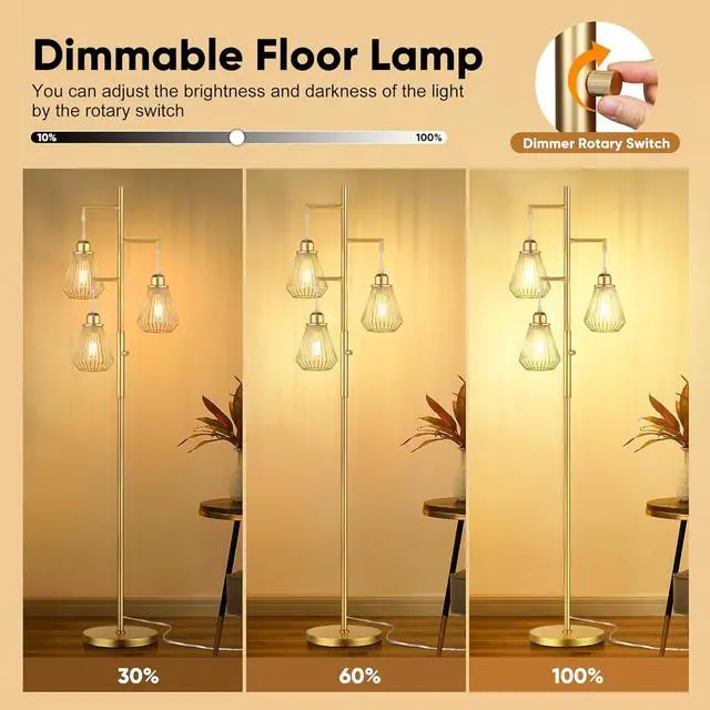 Alt view image 2 of 7 - QiMH Industrial Floor Lamps for Living Room, Tree Standing Lamp with Stepless Dimmable, 68" Modern Tall Lamps for Bedroom Study Home Office, Rotary Switch, 3 LED Bulb Included, Gold