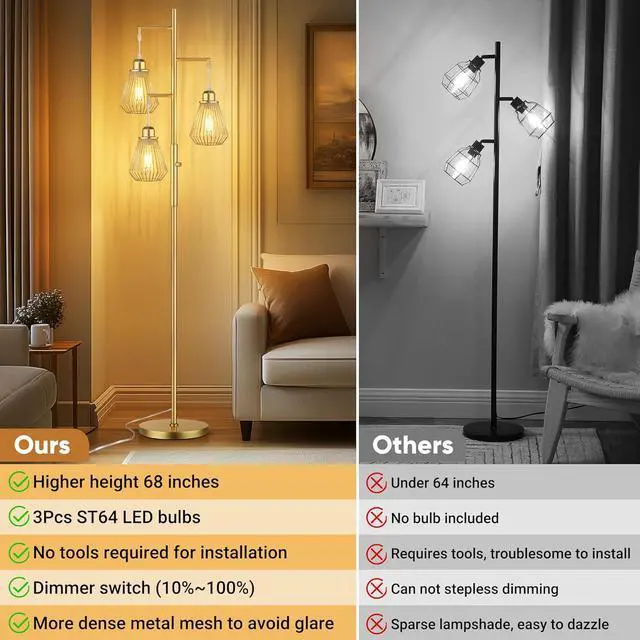 Alt view image 3 of 7 - QiMH Industrial Floor Lamps for Living Room, Tree Standing Lamp with Stepless Dimmable, 68" Modern Tall Lamps for Bedroom Study Home Office, Rotary Switch, 3 LED Bulb Included, Gold