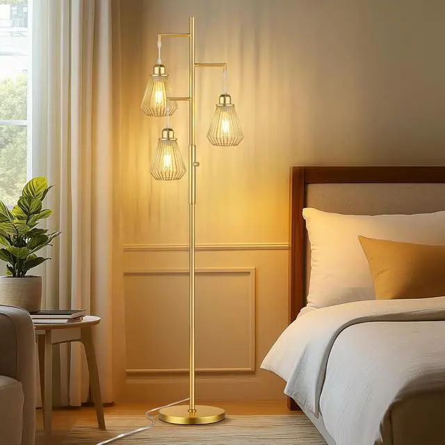 Alt view image 4 of 7 - QiMH Industrial Floor Lamps for Living Room, Tree Standing Lamp with Stepless Dimmable, 68" Modern Tall Lamps for Bedroom Study Home Office, Rotary Switch, 3 LED Bulb Included, Gold