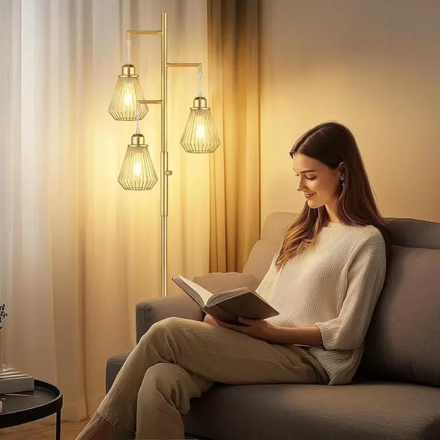 Alt view image 7 of 7 - QiMH Industrial Floor Lamps for Living Room, Tree Standing Lamp with Stepless Dimmable, 68" Modern Tall Lamps for Bedroom Study Home Office, Rotary Switch, 3 LED Bulb Included, Gold