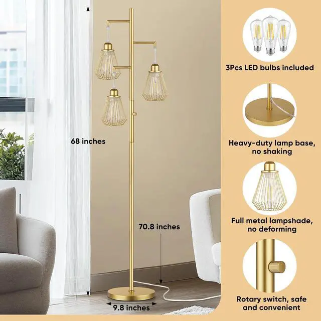 Alt view image 5 of 7 - QiMH Industrial Floor Lamps for Living Room, Tree Standing Lamp with Stepless Dimmable, 68" Modern Tall Lamps for Bedroom Study Home Office, Rotary Switch, 3 LED Bulb Included, Gold