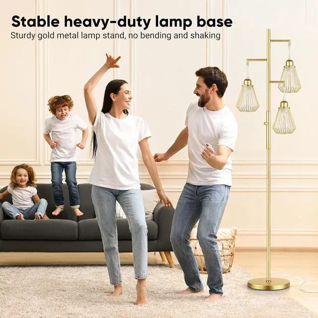 Alt view image 6 of 7 - QiMH Industrial Floor Lamps for Living Room, Tree Standing Lamp with Stepless Dimmable, 68" Modern Tall Lamps for Bedroom Study Home Office, Rotary Switch, 3 LED Bulb Included, Gold