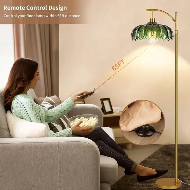 Alt view image 3 of 7 - Gold Floor Lamps for Living Room,Glass Floor Lamp with Remote Control & Green Lampshade,Arc Flower Floor Lamp Dimmable Mid Century Modern Standing Lamp Vintage Brass Tall Lamp For Bedroom Corner