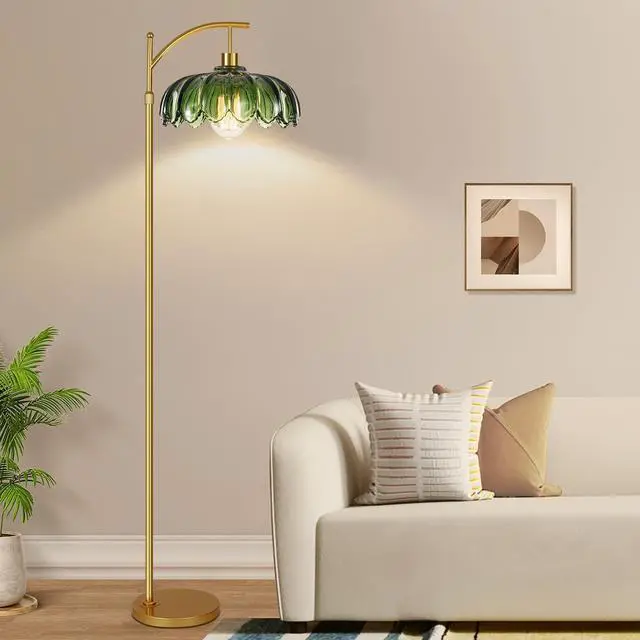 Alt view image 5 of 7 - Gold Floor Lamps for Living Room,Glass Floor Lamp with Remote Control & Green Lampshade,Arc Flower Floor Lamp Dimmable Mid Century Modern Standing Lamp Vintage Brass Tall Lamp For Bedroom Corner