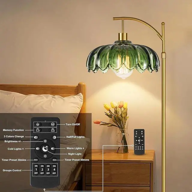 Alt view image 7 of 7 - Gold Floor Lamps for Living Room,Glass Floor Lamp with Remote Control & Green Lampshade,Arc Flower Floor Lamp Dimmable Mid Century Modern Standing Lamp Vintage Brass Tall Lamp For Bedroom Corner