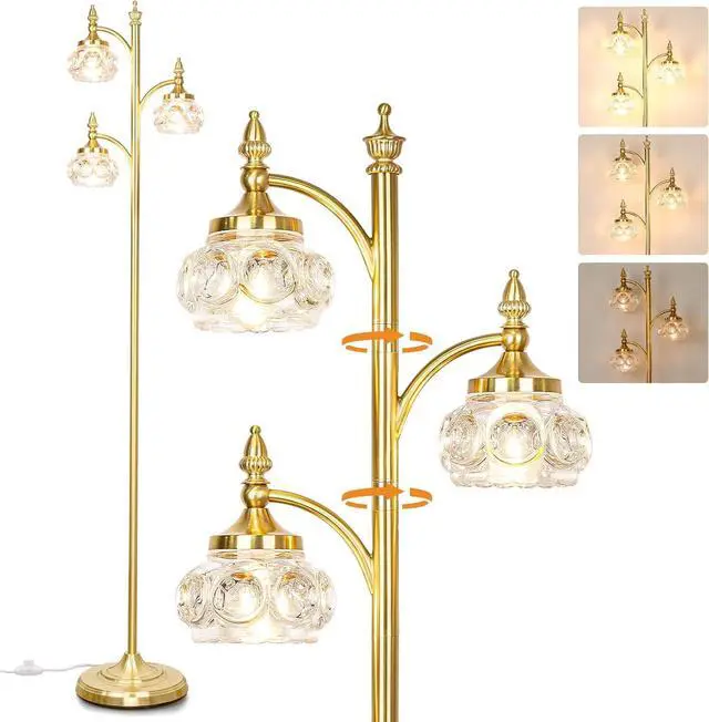 Main image of Gold Floor Lamp, Dimmable Tree Floor Lamps for Living Room Brass Tall Standing Lamp with 3 Rotatable Lights Glass Shade 66.5'' Modern Corner Lamp for Bedroom Office(3LED Bulbs Included)