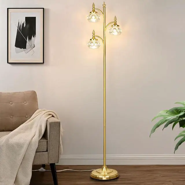 Alt view image 2 of 7 - Gold Floor Lamp, Dimmable Tree Floor Lamps for Living Room Brass Tall Standing Lamp with 3 Rotatable Lights Glass Shade 66.5'' Modern Corner Lamp for Bedroom Office(3LED Bulbs Included)