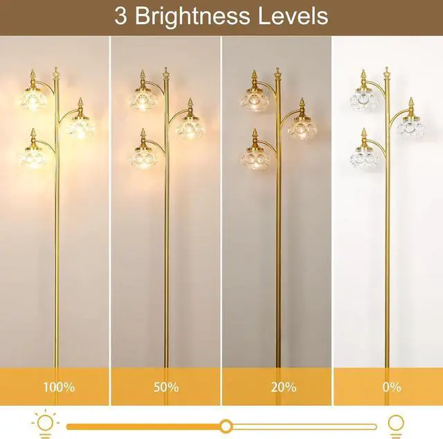 Alt view image 3 of 7 - Gold Floor Lamp, Dimmable Tree Floor Lamps for Living Room Brass Tall Standing Lamp with 3 Rotatable Lights Glass Shade 66.5'' Modern Corner Lamp for Bedroom Office(3LED Bulbs Included)