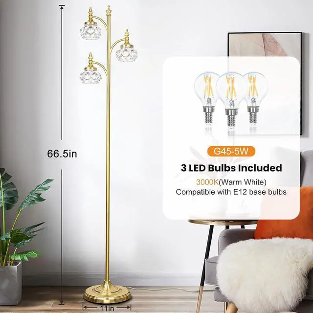 Alt view image 4 of 7 - Gold Floor Lamp, Dimmable Tree Floor Lamps for Living Room Brass Tall Standing Lamp with 3 Rotatable Lights Glass Shade 66.5'' Modern Corner Lamp for Bedroom Office(3LED Bulbs Included)