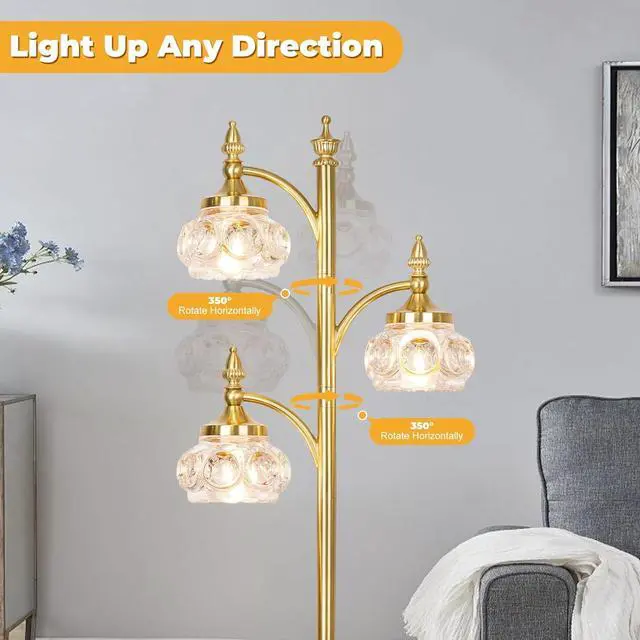 Alt view image 5 of 7 - Gold Floor Lamp, Dimmable Tree Floor Lamps for Living Room Brass Tall Standing Lamp with 3 Rotatable Lights Glass Shade 66.5'' Modern Corner Lamp for Bedroom Office(3LED Bulbs Included)