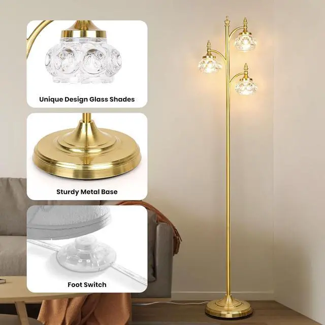 Alt view image 6 of 7 - Gold Floor Lamp, Dimmable Tree Floor Lamps for Living Room Brass Tall Standing Lamp with 3 Rotatable Lights Glass Shade 66.5'' Modern Corner Lamp for Bedroom Office(3LED Bulbs Included)