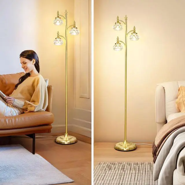 Alt view image 7 of 7 - Gold Floor Lamp, Dimmable Tree Floor Lamps for Living Room Brass Tall Standing Lamp with 3 Rotatable Lights Glass Shade 66.5'' Modern Corner Lamp for Bedroom Office(3LED Bulbs Included)