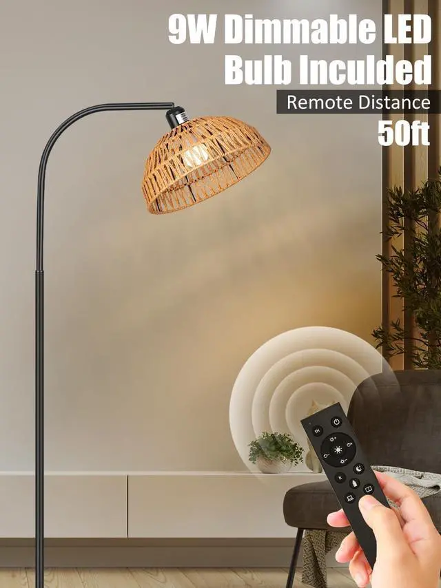 Alt view image 3 of 7 - Rattan Floor Lamp- Boho Standing Lamp with Remote Control and Dimmable Bulb, Hand-Worked Adjustable Rattan Shades, Black Farmhouse Tall Lamp, Boho Arc Floor Lamps for Living Room, Bedroom, Office