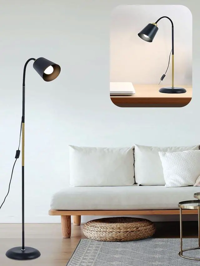 Alt view image 5 of 7 - AoMck Floor Reading Lamp, Industrial Metal Floor Lamps for Living Room with Adjustable Bendable, 2 in 1 Reading Table Lamps for Living Room Bedroom Office, 12W Bulb Included (Black)