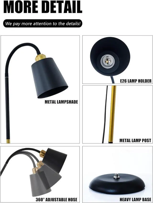 Alt view image 6 of 7 - AoMck Floor Reading Lamp, Industrial Metal Floor Lamps for Living Room with Adjustable Bendable, 2 in 1 Reading Table Lamps for Living Room Bedroom Office, 12W Bulb Included (Black)