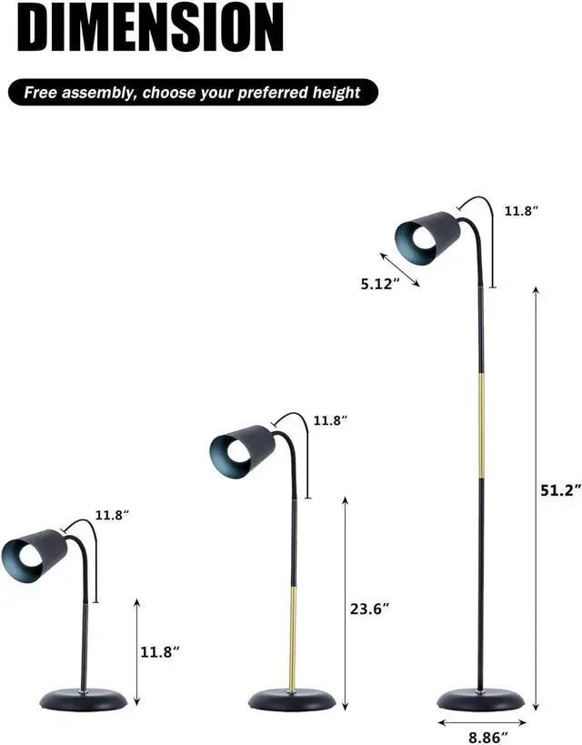 Alt view image 7 of 7 - AoMck Floor Reading Lamp, Industrial Metal Floor Lamps for Living Room with Adjustable Bendable, 2 in 1 Reading Table Lamps for Living Room Bedroom Office, 12W Bulb Included (Black)