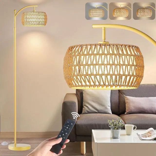 Main image of Arc Floor Lamp for Living Room,Farmhouse Floor Lamps with Remote Control & Dimmable Bulb,Gold Boho Rattan Tall Standing Lamp for Bedroom Office
