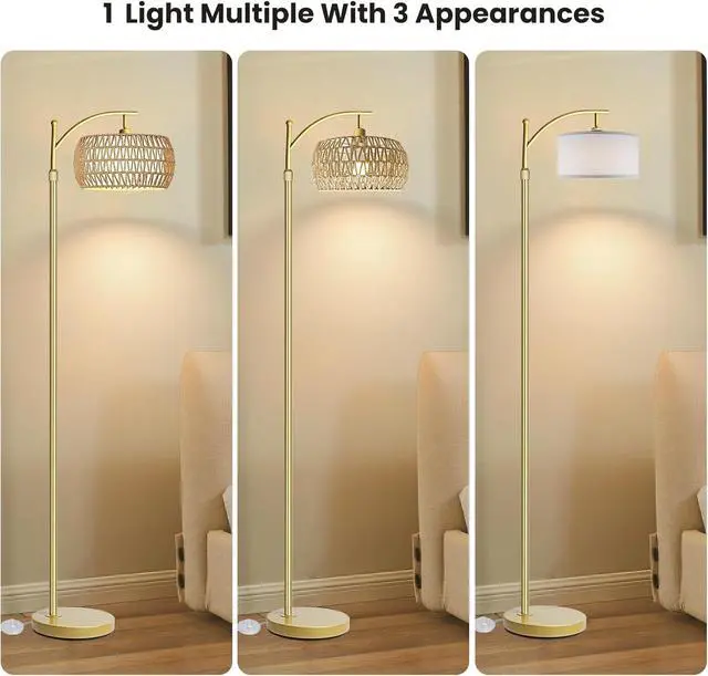 Alt view image 3 of 7 - Arc Floor Lamp for Living Room,Farmhouse Floor Lamps with Remote Control & Dimmable Bulb,Gold Boho Rattan Tall Standing Lamp for Bedroom Office