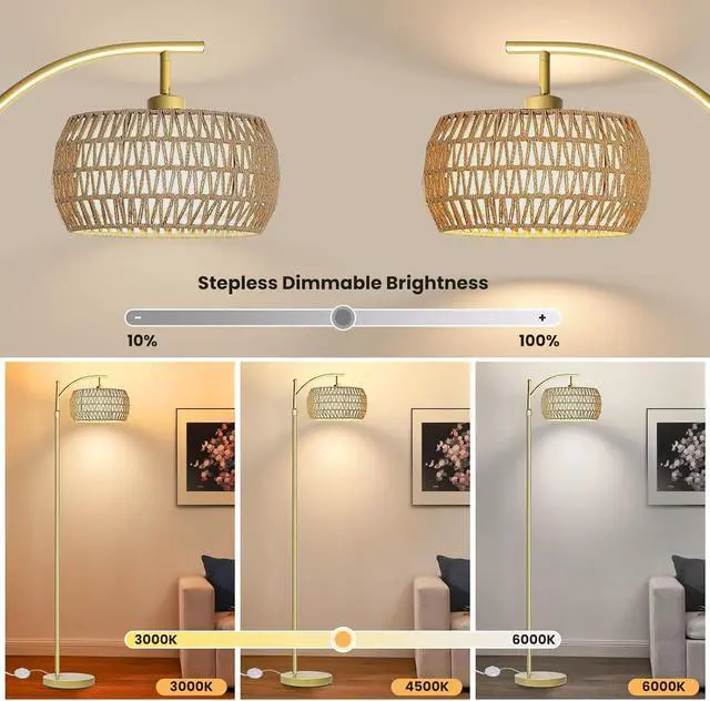 Alt view image 2 of 7 - Arc Floor Lamp for Living Room,Farmhouse Floor Lamps with Remote Control & Dimmable Bulb,Gold Boho Rattan Tall Standing Lamp for Bedroom Office